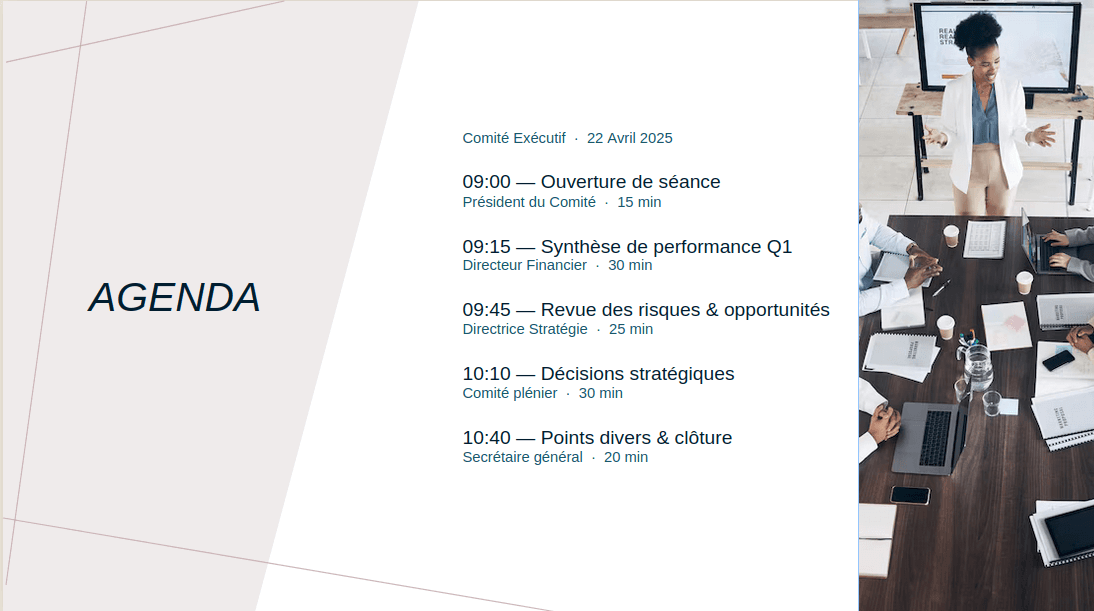 Slide d'agenda d'un comité exécutif trimestriel générée par Paul dans la charte d'entreprise Demo Corp.