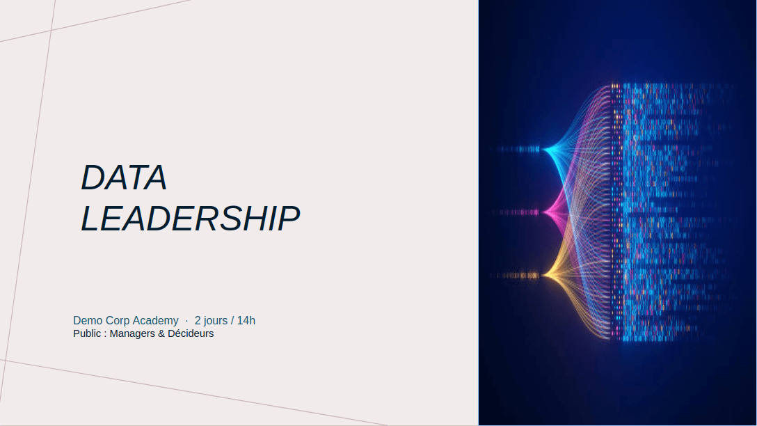 Slide page de garde d'un module de formation Data Leadership générée par Paul dans la charte d'entreprise Demo Corp.