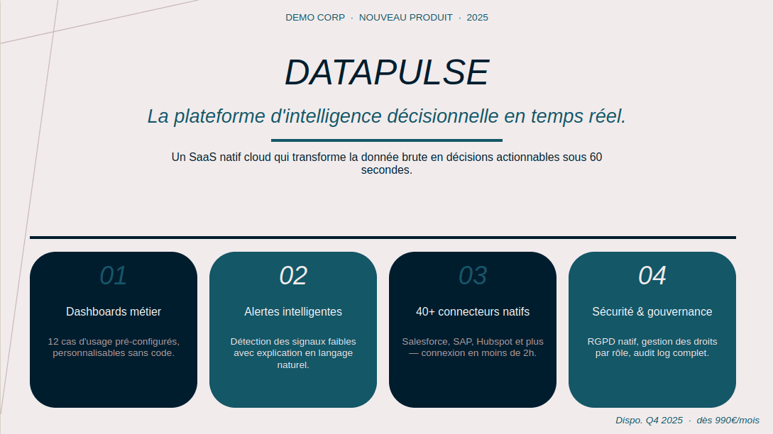 Slide d'annonce officielle d'un nouveau produit B2B, générée par Paul dans la charte d'entreprise Demo Corp.
