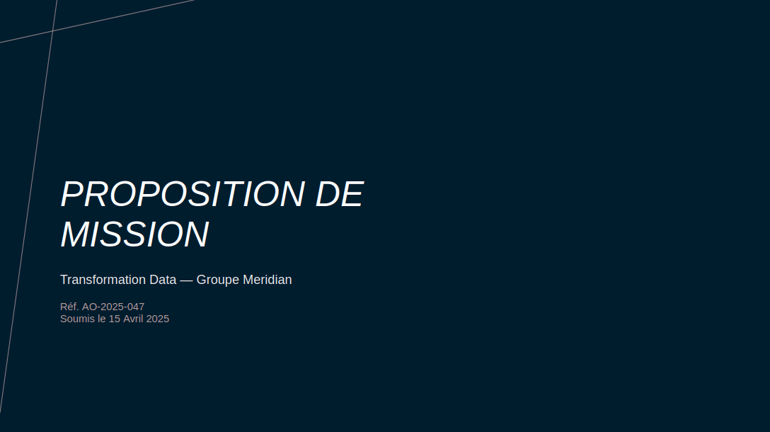 Slide de proposition de mission pour une réponse à appel d'offres, générée par Paul dans la charte d'entreprise Demo Corp.
