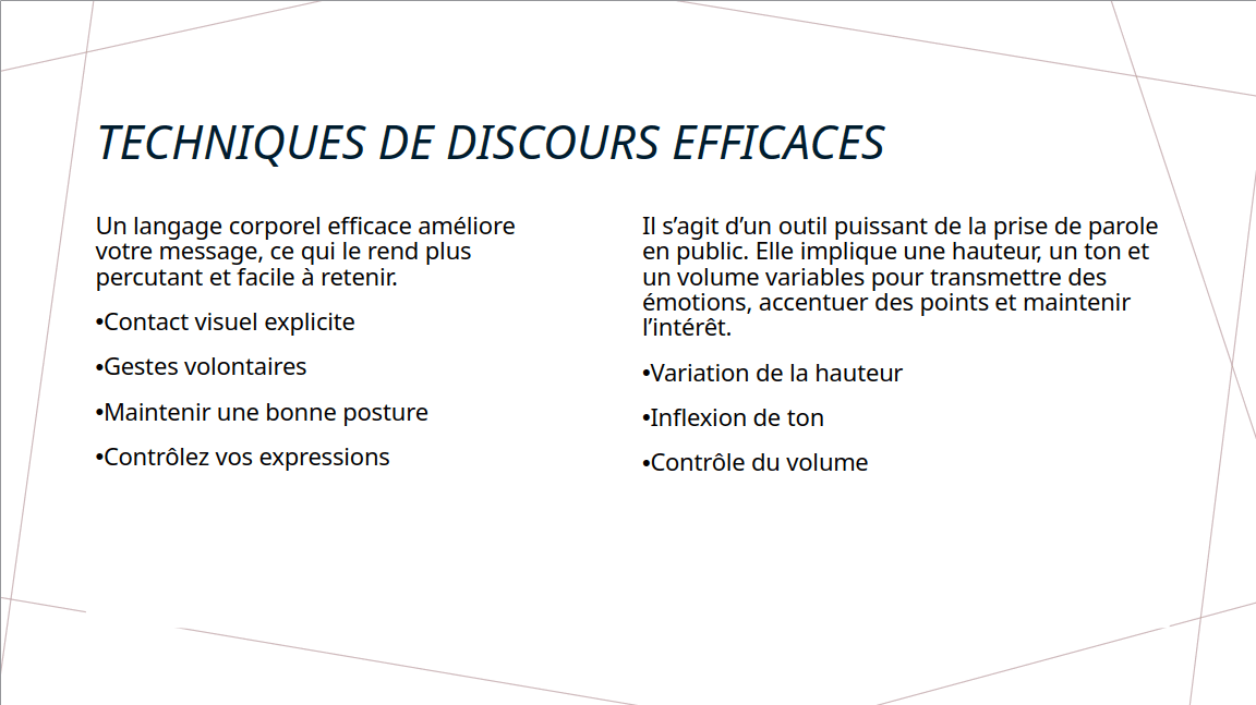 Slide originelle du template — Techniques de discours efficaces